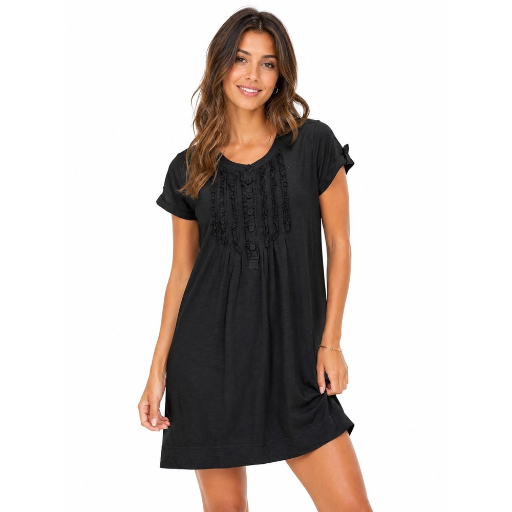 Ann‎ Taylor Loft Black Ruffle Henley Shift Dress MP Minimalist  LBD Classic Boho